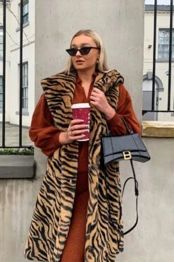 JAYLEY Animal Print Shania Faux Fur Long Length Hooded Gilet
