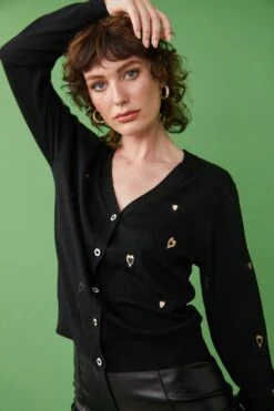 JAYLEY Black Cashmere Blend Cardigan With Embroidered Heart Design