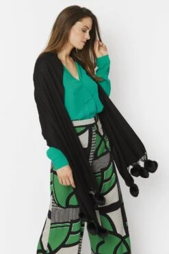 JAYLEY Black Cashmere Blend Wrap With Faux Fur Heart Poms -Long Maxi Dress Sales Store jayley black cashmere blend wrap with faux fur heart poms p4825 62269 image