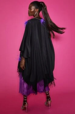 JAYLEY Black Cashmere Wrap With Purple Feathers -Long Maxi Dress Sales Store jayley black cashmere wrap with purple feathers p10794 75409 image