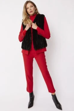 JAYLEY Black Faux Fur Faux Suede Vertical Stripe Gilet