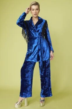 JAYLEY Blue Crushed Velvet Blazer Dress With Sequin Tassels -Long Maxi Dress Sales Store jayley blue crushed velvet blazer dress with sequin tassels p13385 90649 image