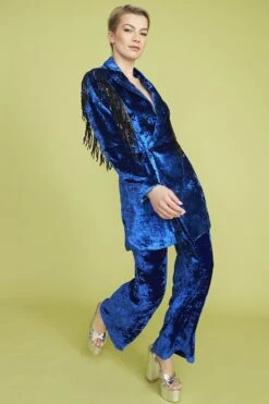 JAYLEY Blue Crushed Velvet Blazer Dress With Sequin Tassels -Long Maxi Dress Sales Store jayley blue crushed velvet blazer dress with sequin tassels p13385 90650 image