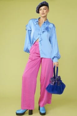 JAYLEY Blue Rayon Blend Ruffle Blouse -Long Maxi Dress Sales Store jayley blue rayon blend ruffle blouse p13752 93117 image