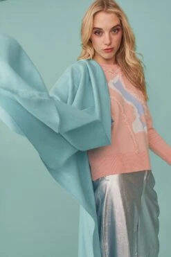 JAYLEY Cashmere Blend Wrap In Baby Blue With Fringed Hem And Logo