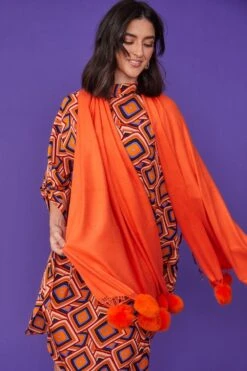 JAYLEY Cashmere Blend Wrap With Love Heart Poms In Orange -Long Maxi Dress Sales Store jayley cashmere blend wrap with love heart poms in orange p11562 80680 image