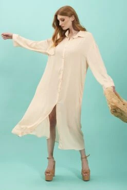 JAYLEY Cream Silk Blend Maxi Shirt Dress