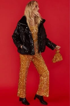 JAYLEY Gold Sequin Flares -Long Maxi Dress Sales Store jayley gold sequin flares p11436 79679 image