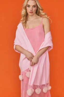 JAYLEY Pink Cashmere Blend Wrap With Faux Fur Heart Poms -Long Maxi Dress Sales Store jayley pink cashmere blend wrap with faux fur heart poms p4828 81184 image