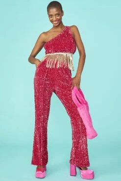 JAYLEY Pink Sequin One Shoulder Cropped Top With Sequin Tassels -Long Maxi Dress Sales Store jayley pink sequin one shoulder cropped top with sequin tassels p12913 87506 image
