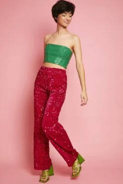 JAYLEY Pink Sequin Trousers With Elasticated Waist