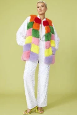 JAYLEY Rainbow Cube Faux Fur Gilet -Long Maxi Dress Sales Store jayley rainbow cube faux fur gilet p12139 87180 image