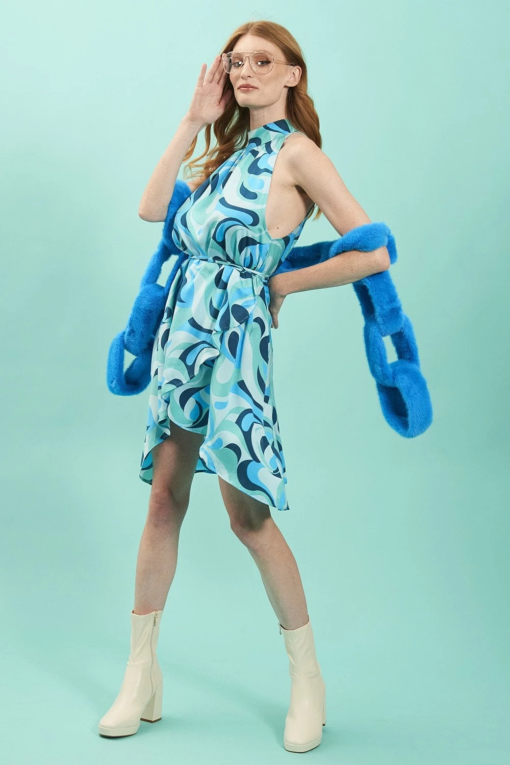 JAYLEY Rayon Blend Blue Floral Midi Dress 2 JAYLEY Rayon Blend Blue Floral Midi Dress - Image 2