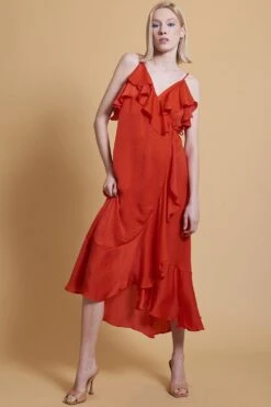 JAYLEY Red Silk Blend Maxi Wrap Ruffle Dress