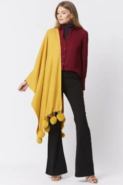 JAYLEY Yellow Cashmere Blend Wrap With Faux Fur Heart Poms -Long Maxi Dress Sales Store jayley yellow cashmere blend wrap with faux fur heart poms p4831 62302 image