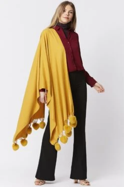 JAYLEY Yellow Cashmere Blend Wrap With Faux Fur Heart Poms -Long Maxi Dress Sales Store jayley yellow cashmere blend wrap with faux fur heart poms p4831 62304 image